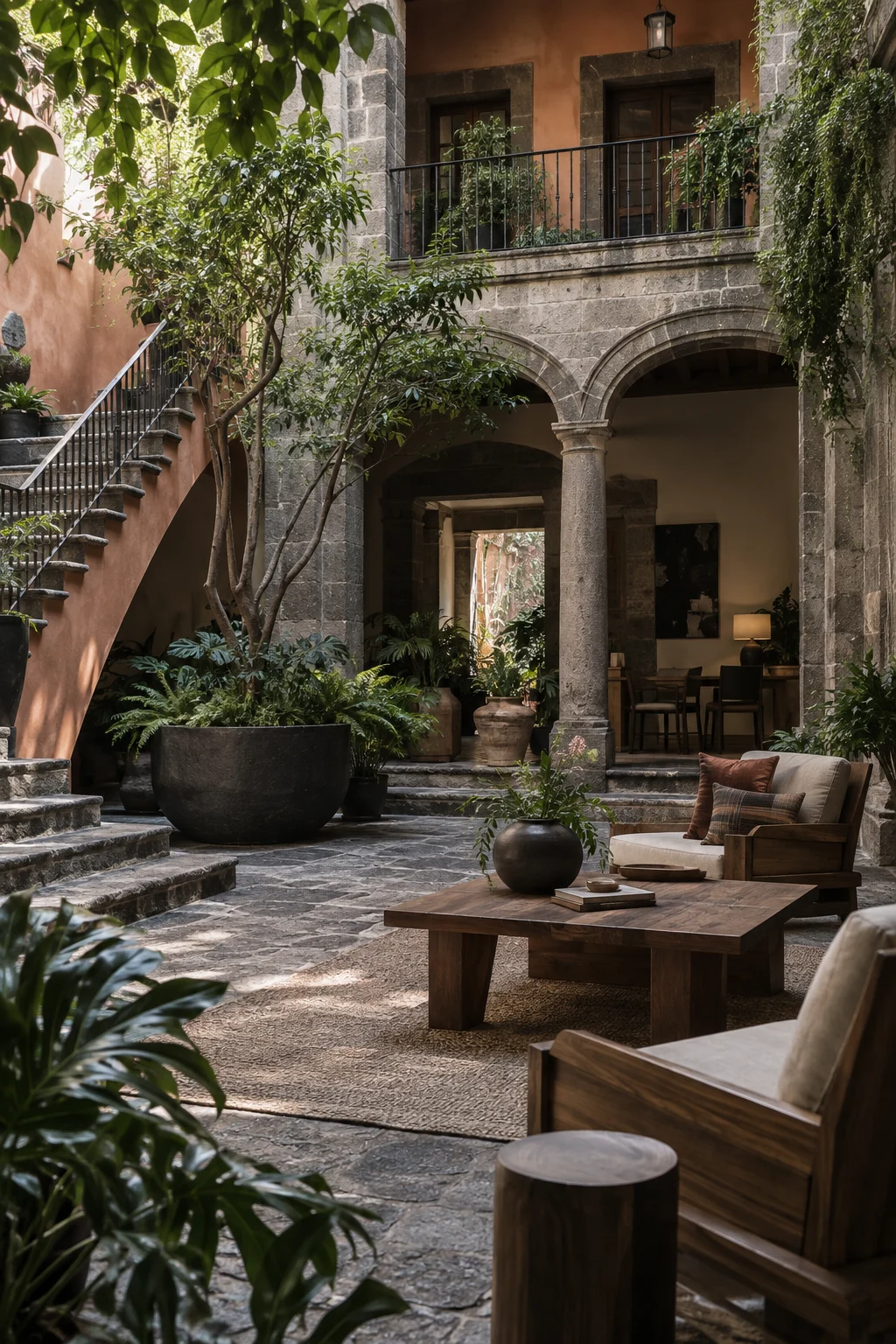 Leafy stone courtyard inspired by Mexican city architecture — illustrative inspiration