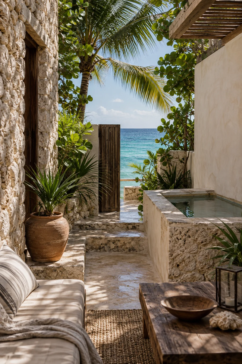 Palm-shaded island courtyard opening toward the sea — illustrative inspiration