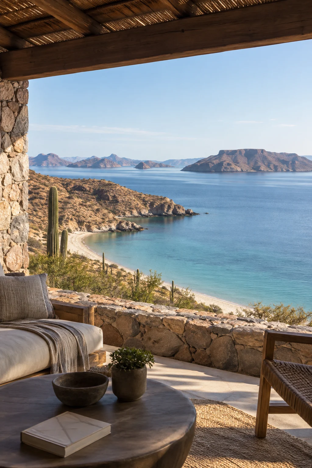 Quiet Baja bay seen from a shaded terrace — illustrative inspiration