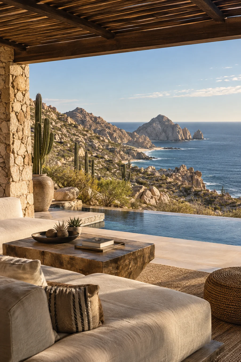 Stone terrace and desert coastline inspired by Los Cabos — illustrative inspiration