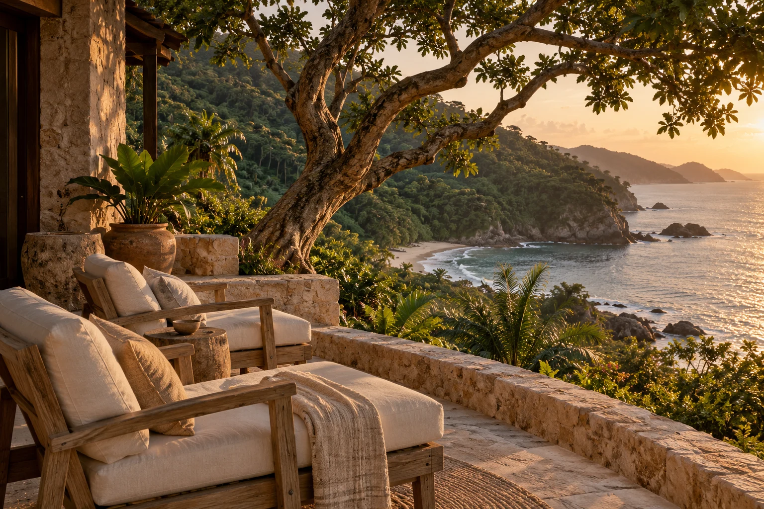 Pacific-coast villa terrace overlooking a sheltered bay — illustrative inspiration